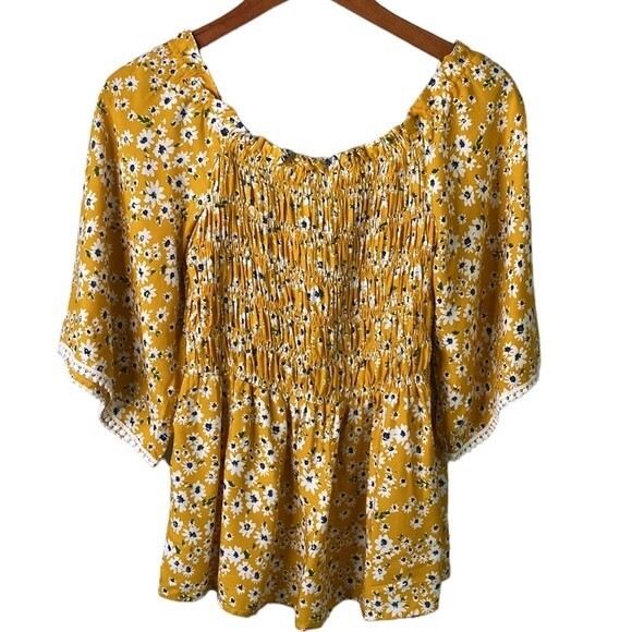 Chenault Fall Floral Smocked Square Neck Top Crochet Trim Wide Flare Sleeve Boho - Picture 5 of 15